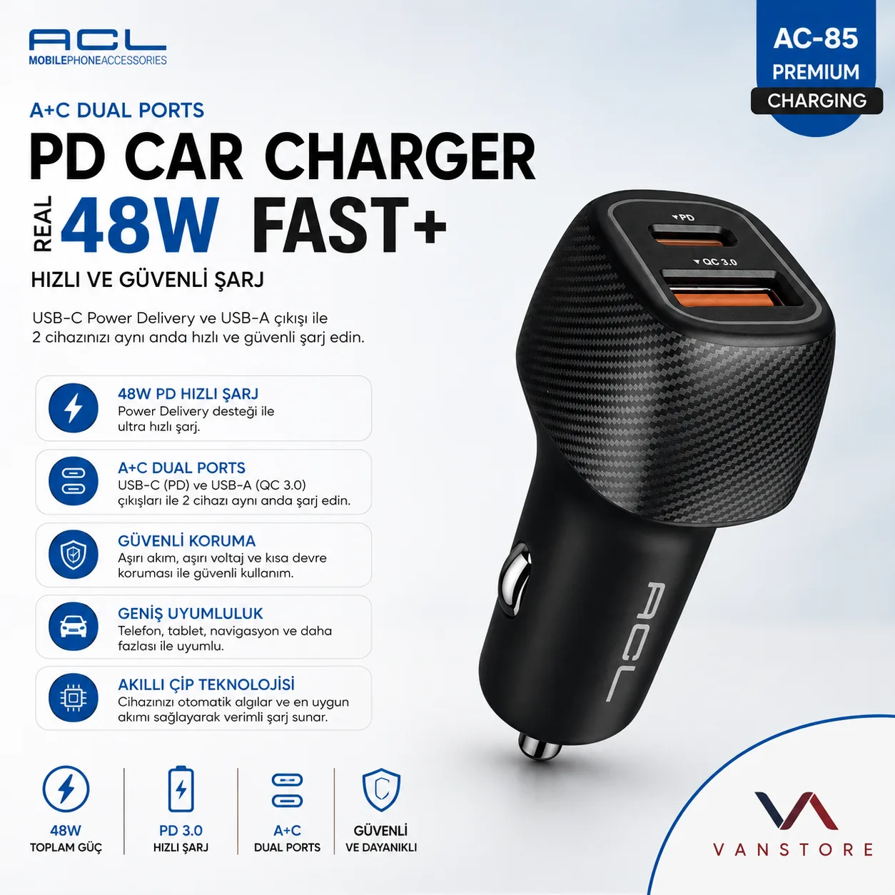 AC-85 Araç Şarj Cihazı 48W PD 2
