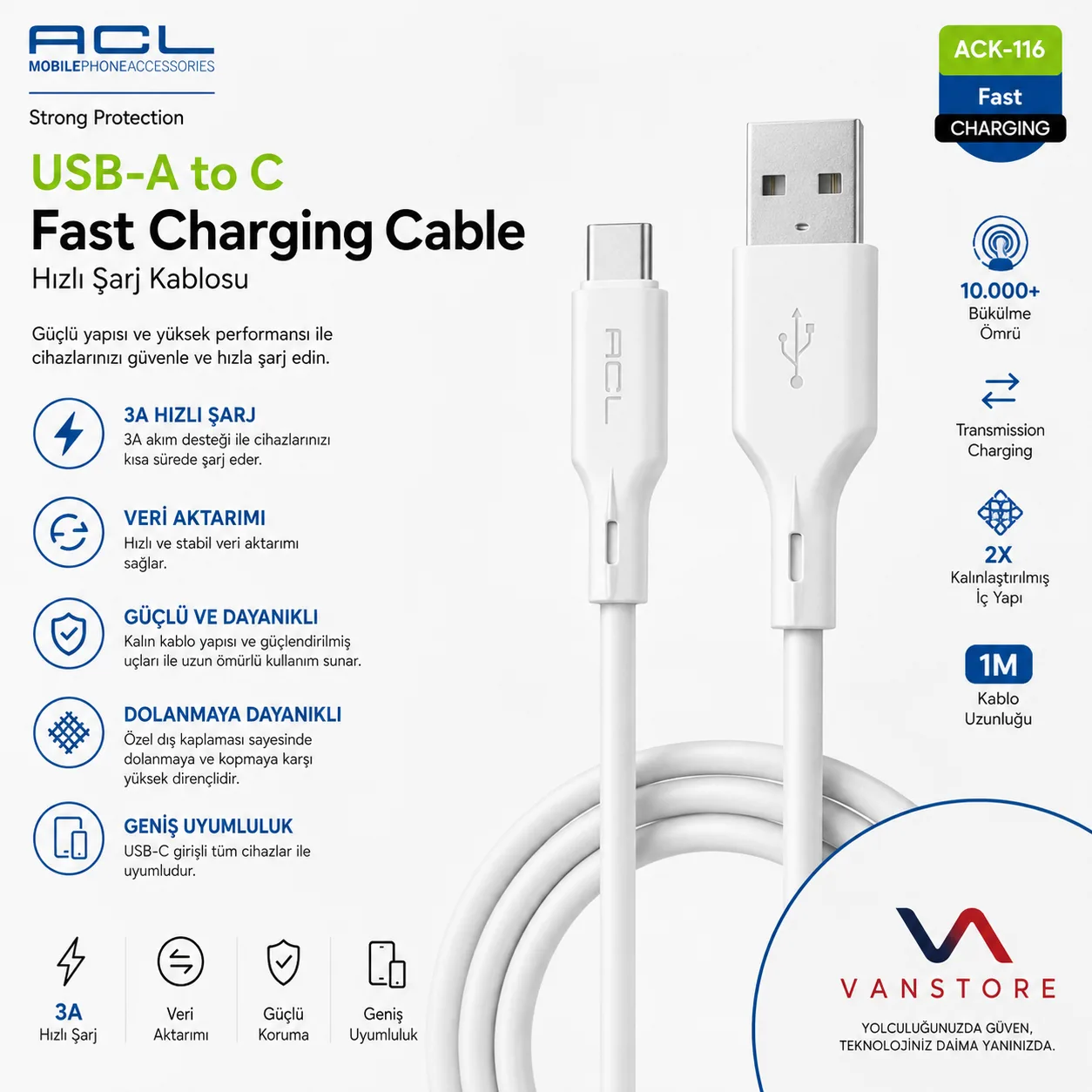 ACK-116 USB-A to Type-C Kablo 3