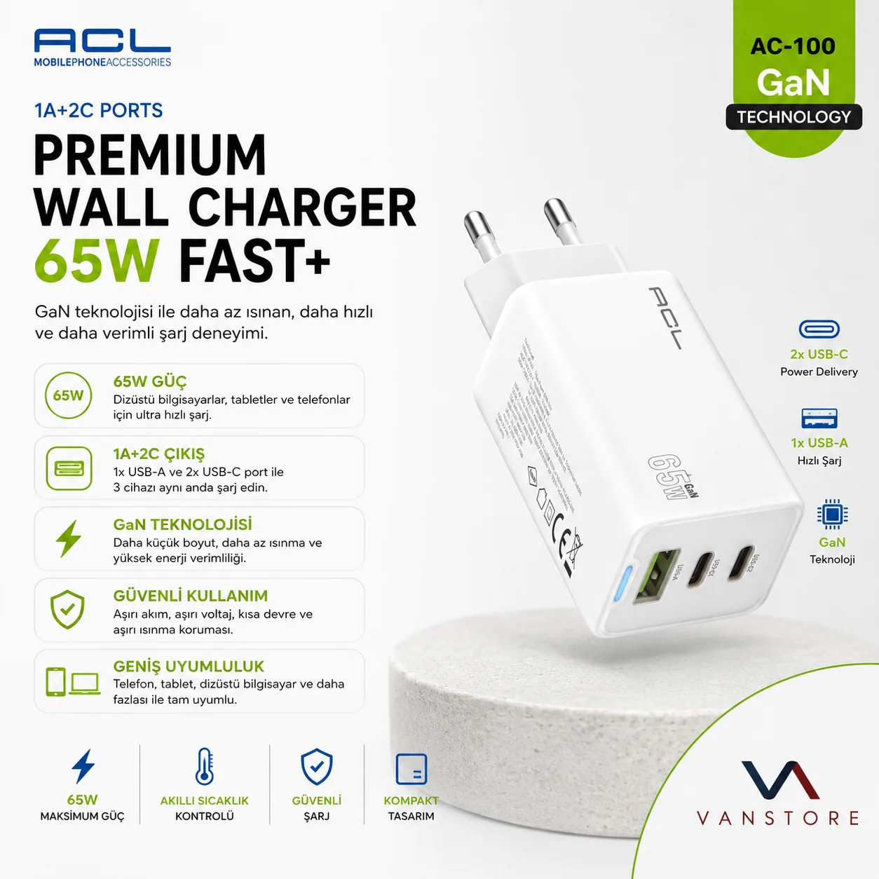 AC-100 GaN Şarj Adaptörü 65W Fast+ 3