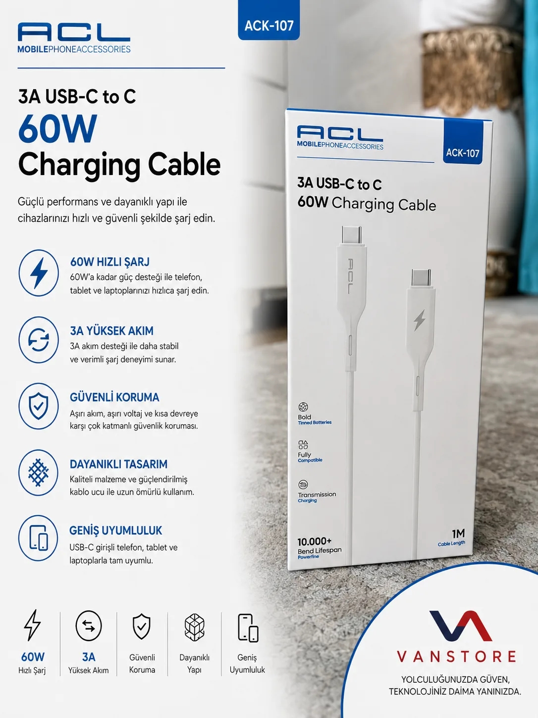 ACK-107 USB-C to USB-C Kablo 60W 4
