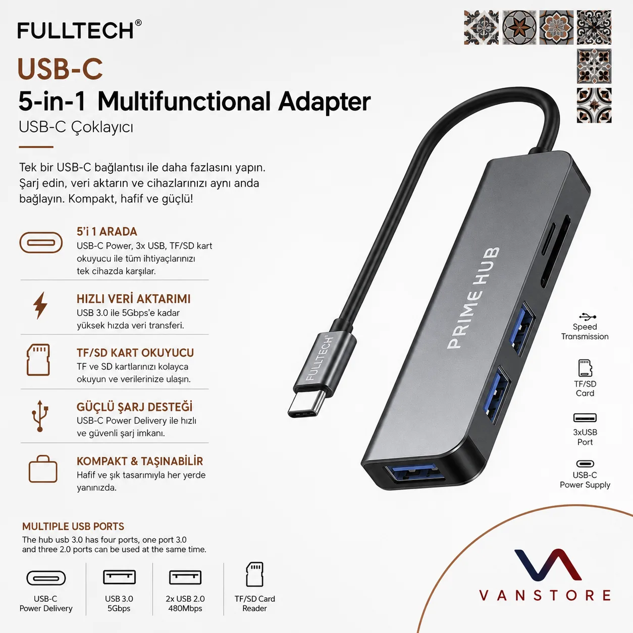 Fulltech Prime USB-C Hub 5'i 1 Arada 3